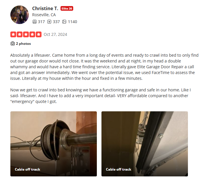 Christine T.'s five-star Yelp review about garage door repair in Roseville, with customer photos