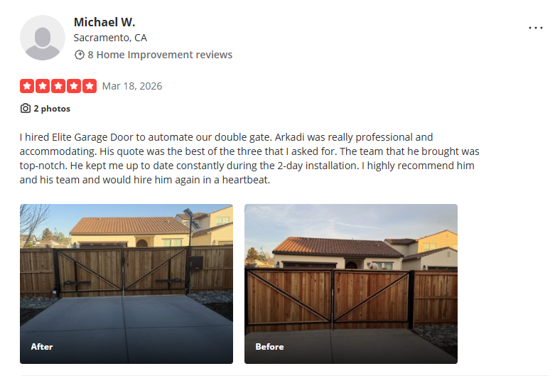 Michael W.'s five-star Yelp review about double gate automation in Sacramento, with customer photos
