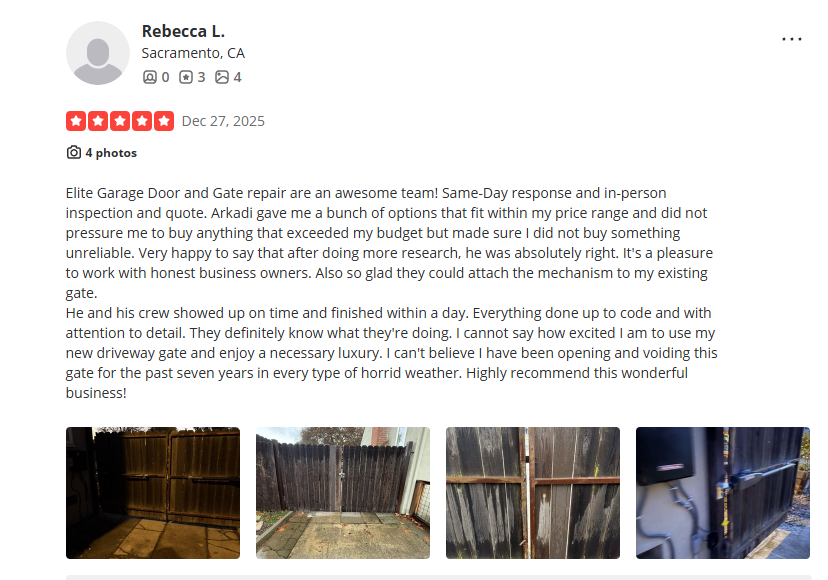 Rebecca L.'s five-star Yelp review about driveway gate automation in Sacramento, with customer photos