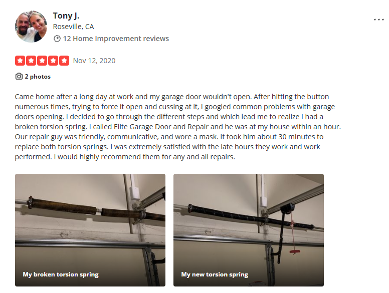 Tony J.'s five-star Yelp review about garage door spring repair in Roseville, with customer photos